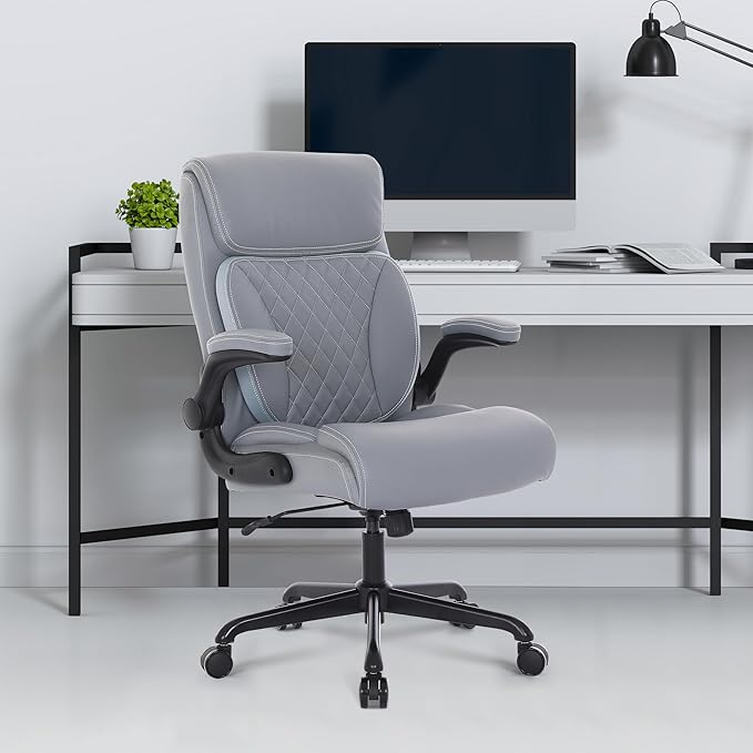 Youhauchair Executive Office Chair, Ergonomic PU Leather Computer Desk Chair with Lumbar Support, Flip-up Armrests and Adjustable Height, for Home Office, Grey