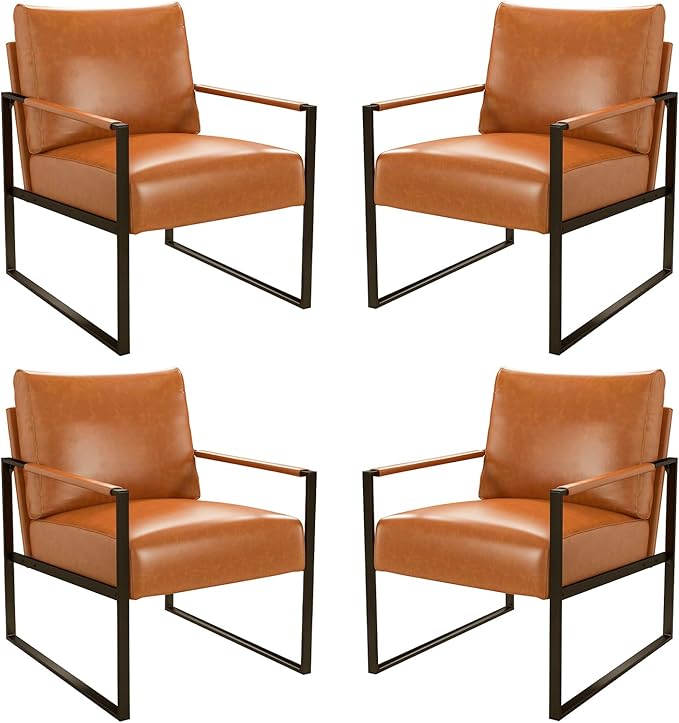 CANMOV Modern Accent Chair Set of 4, PU Leather Armchair with Metal Frame,Comfy Single Reading Chair with Soft Padded Backrest and Cushion for Living Room, Bedroom,Reading Room,Office,Brown