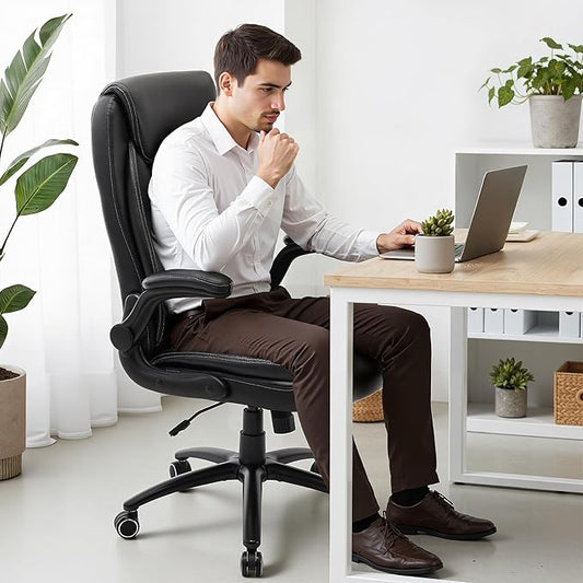 Ergonomic PU Leather Office Chair with Flip-Up Armrests, Reclining Backrest, Adjustable Height & Tilt Tension, Thick Padded Seat, Breathable Leather, 300LBS Capacity Executive Desk Chair,Black