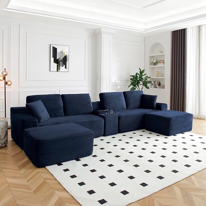 150" Oversized Modular Sectional Sofa,Deep Seat Cloud Corduroy Boneless Couch with Cup Holders,USB Ports, Wireless Charging & Storage Box,Upholstered Modular Sleeper Sofa for Living Room (Blue)