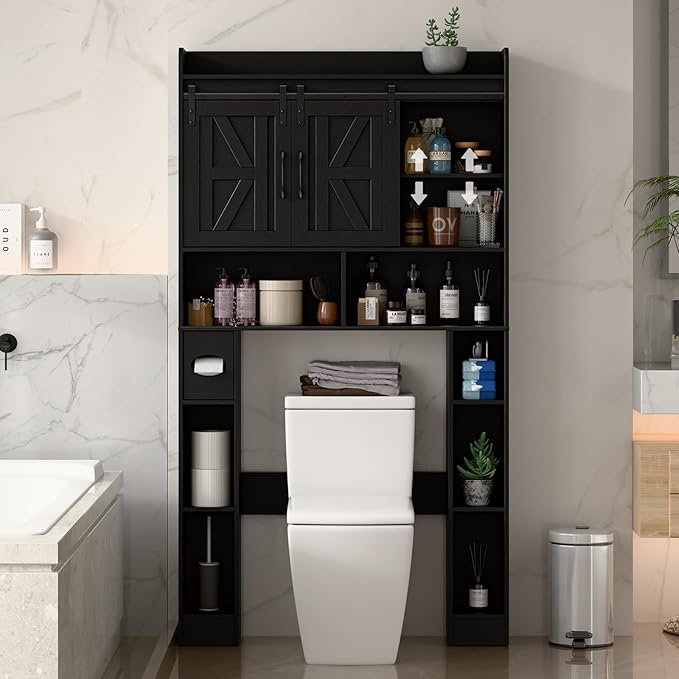 Farmhouse Storage Cabinet Over Toilet with Sliding Doors,Over The Toilet Storage Cabinet, Home Space-Saving Toilet Rack, for Bathroom, Restroom, Laundry.Pure Black