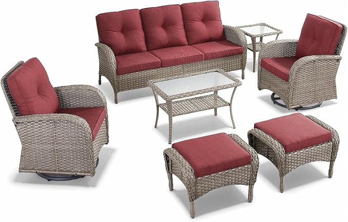 HUMMUH 7 Pieces Outdoor Furniture Set-All Weather Wicker Rattan Couch with Outdoor Rocking Chair Patio Furniture for Deck Lawn Porch Balcony Poolside-Grey/Red