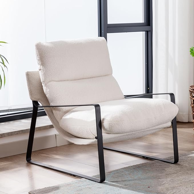 HEAH-YO Modern Accent Chair Set of 1, Upholstered Sherpa Living Room Chair with Backrest and Metal Frame, Comfy Reading Chair for Bedroom, White