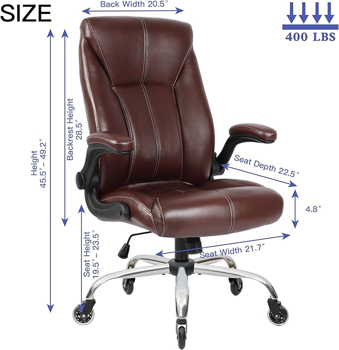 Big and Tall Office Chair for Heavy People, Executive Desk Computer Chair Adjustable Flip-up Armrests, PU Leather Swivel Task Chair with Ergonomic High Back and Lumbar Support(Brown