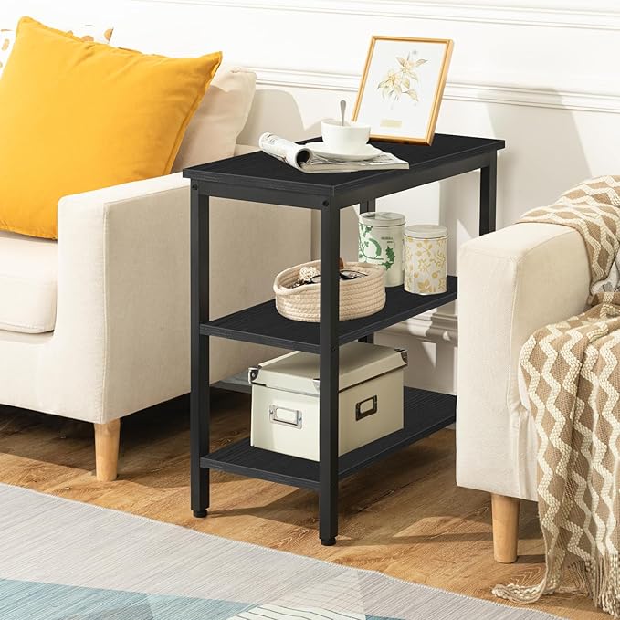 HOOBRO End Table, Simple Rustic Side Table with 3-Tier Storage Shelf, Narrow Nightstand for Small Spaces, Easy Assembly, for Living Room, Bedroom, Metal, Industrial Design, Black BB14BZ01