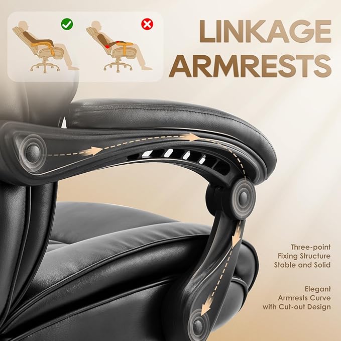 COLAMY Office Chair with Retractable Footrest, Ergonomic High Back Design Executive Computer Desk Chair with Removable Lumbar Pillow, 90-135°Reclining, Thick Bonded Leather, 2 PCs, Black