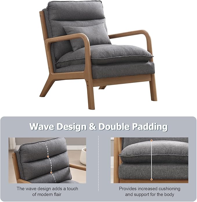 INZOY Mid Century Modern Accent Chair with Wood Frame, Upholstered Reading Armchair with Waist Cushion, Double Padded Accent Chair, Side Chair for Living Room Bedroom Office, Easy Assembly, Grey