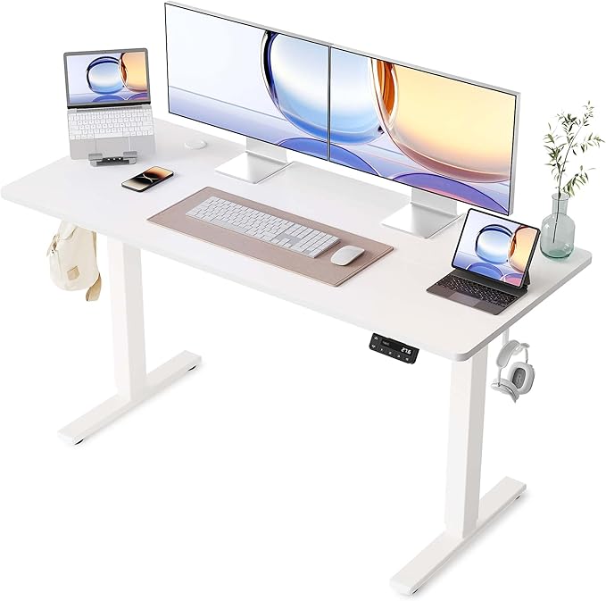 YIHAYO Electric Standing Desk, 55 x 24 Inches Stand Up Desk with Splice Board, Adjustable Height Desk, Computer Desk for Home Office, White Frame/White Top