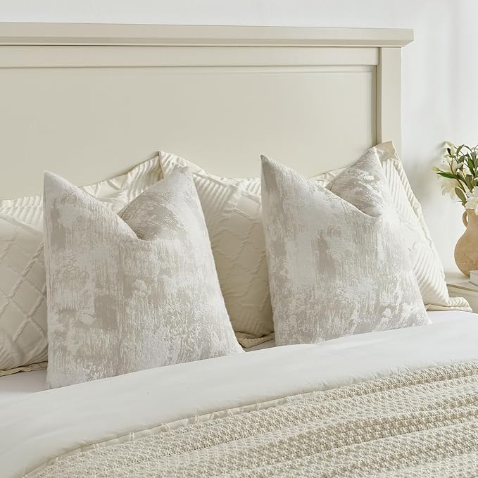 FUTEI Beige White Decorative Throw Pillow Covers 16x16 Inch Set of 2,Soft Faux Cashmere Jacquard - Textured & Cozy Cushion Case,Modern Home Decor for Couch Bed Living Room