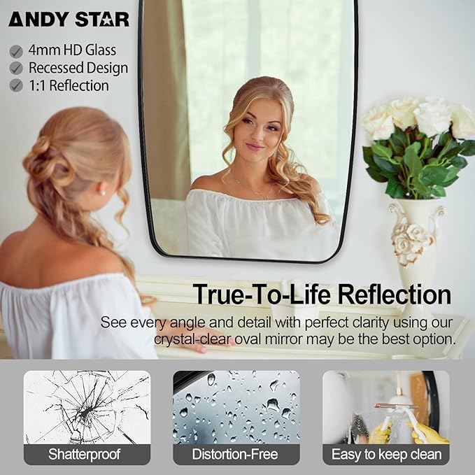 ANDY STAR Black Oblong Mirror, 36x40 Inch Black Oval Mirror for Bathroom with Stainless Steel Metal Frame, Wall Mouned for Bathroom, Living Room, Entryway