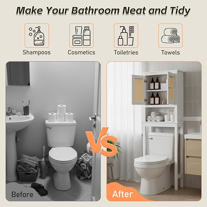 Over The Toilet Storage Cabinet, Behind Toilet Bathroom Organizer with Adjustable Shelves, Above Toilet Organizers with Rattan Door, Space Saver for Restroom, Bathroom, Laundry