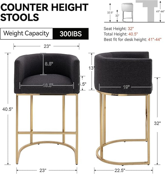 Contemporary Charcoal Linen Bar Stools Set of 4, 32" Upholstered Fabric Counter Height Barstool Kitchen Counter Island Stools with Golden Metal Base