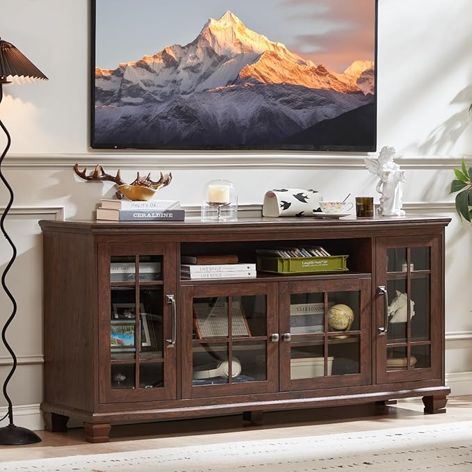 Large Sideboard Buffet Cabinet with Storage, Vintage Walnut Farmhouse 60" Wide Credenza Accent Cabinets with Glass Doors & Wood Legs, Kitchen Coffee Bar Table for Dining Room, Living Room