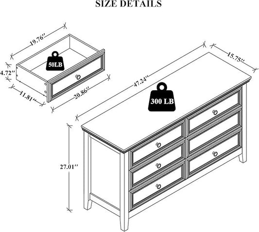 Dresser for Bedroom 6 Drawers Dresser - 47.2" Wide 6 Chest of Drawers Storage Double Cabinet as Bedfoot Organizer & Wardrobe Cabinet(Antique White & Brown)
