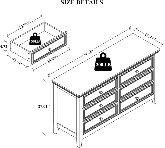 Dresser for Bedroom 6 Drawers Dresser - 47.2" Wide 6 Chest of Drawers Storage Double Cabinet as Bedfoot Organizer & Wardrobe Cabinet(Antique White & Brown)