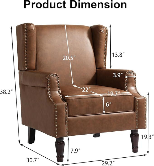 Pia Ricco High Back Floral Accent Chair - Retro Wingback Upholstered Armchair in Faux Leather, Nailhead Trim & Solid Wood Legs for Living Room Bedroom Reading Chair(Brown