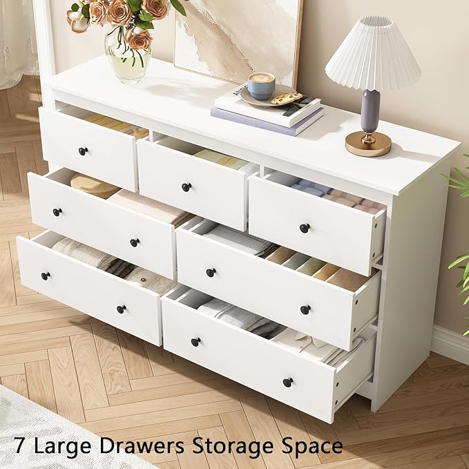 White Dresser for Bedroom, 7 Drawer Dresser with Metal Handles, 55 Inch Wide Wood Chest for Living Room, Hallway