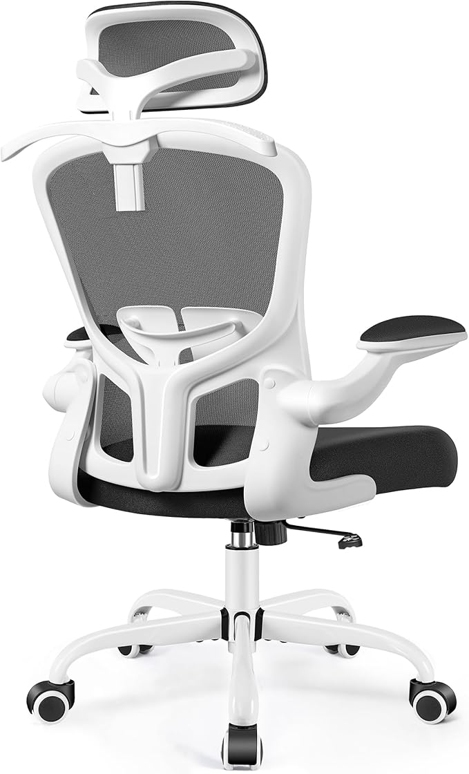 FelixKing Office Chair with Headrest, Ergonomic Desk Chair with Wheels, Task Swivel Comfy Chair with Adjustable Lumbar Support, Breathable Mesh Computer Chair with flip-up Armrests for Home (White)
