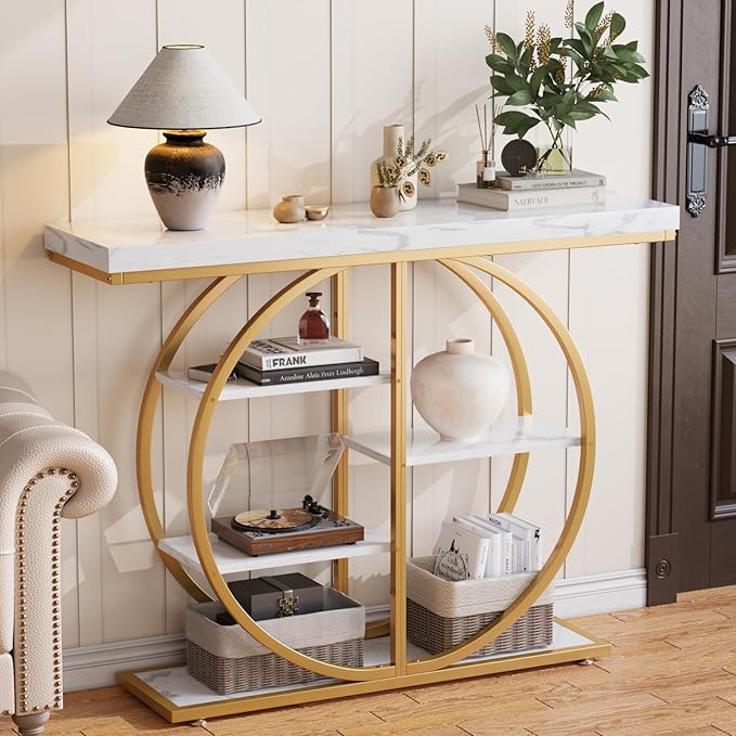 41.3" Console Table for Entryway, Industrial Hallway Sofa Table with Storage Shelves, Narrow Accent Decor Living Room Furniture with Circle Base for Foyer, Entrance, White Gold