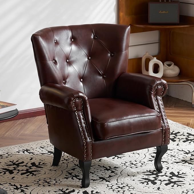 Modern Faux Leather Accent Chair, Upholstered Mid-Century Armchair with Solid Wood Legs, Single Sofa Chair for Living Room, Bedroom, or Reading Room(Reddish Brown)