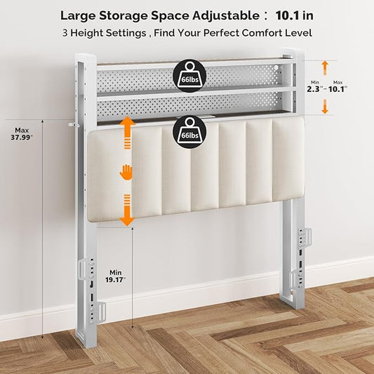 VINGLI Twin or Twin XL Size Headboard, Adjustable Upholstered Headboard with 3 Tier Shelves and Pegboard with Charging Stations and LED Lights, Modern Bed Headboard with Storage for Bedroom Decor