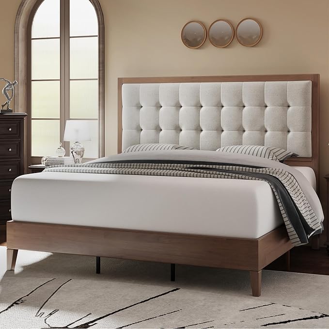Jocisland Wood Queen Size Bed Frame,Tall Upholstered Tufted Headboard, Solid Wood Platform, No Box Spring Needed, Walnut