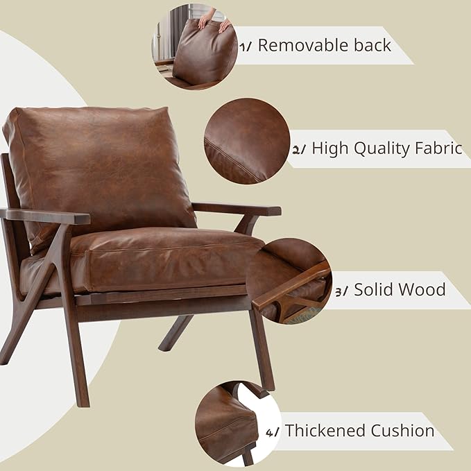 Brown Leather Accent Chair and Ottoman, Mid Century Modern Arm Chair, Retro Upholstered Armchair with Wood Frame & Removable PU Cushions, Large Leisure Slipper Chair for Living Room/Bedroom, Set of 2