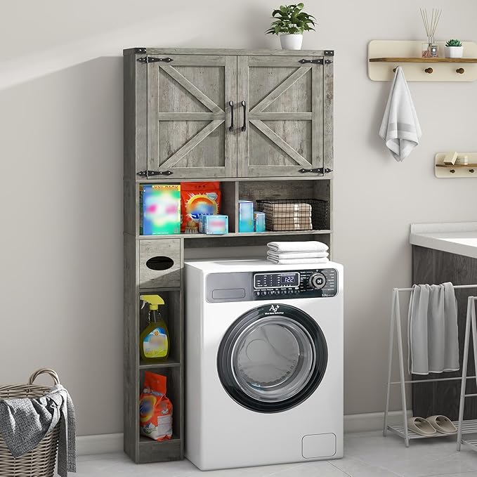 Vabches Over The Toilet Storage Cabinet, Farmhouse Storage Cabinet Over Toilet with 2 Barn Doors & Toilet Paper Holder Stand,Home Space-Saving Toilet Rack, for Laundry, Bathroom, Restroom.Grey Oak