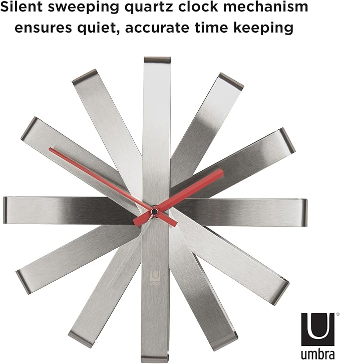 Umbra Ribbon Modern 12-inch Wall Clock, Battery Operated Quartz Movement, Silent Non Ticking Wall Clock, Stainless Steel
