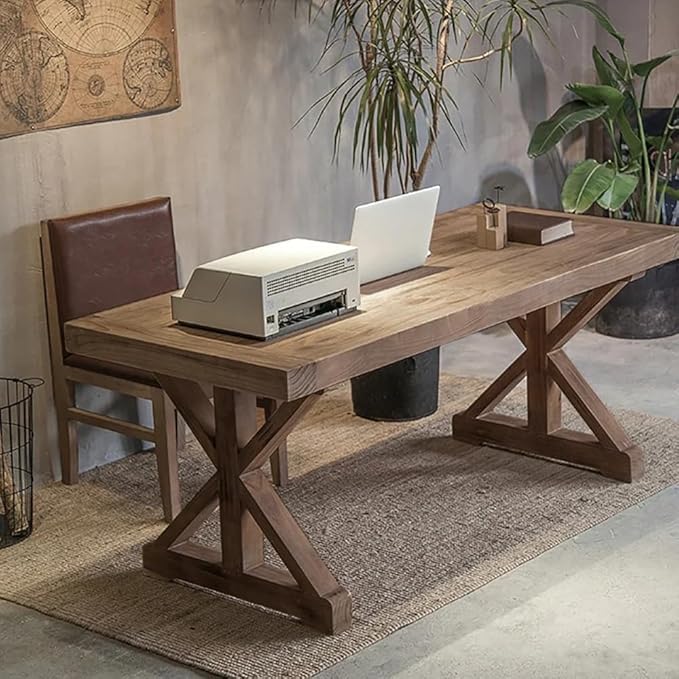 homary 70.9" Rustic Solid Wood Desk, Home Office Desk with Trestle Base, Executive Writing Table for Home Office, Study Room or Dining Space, Natural Finish