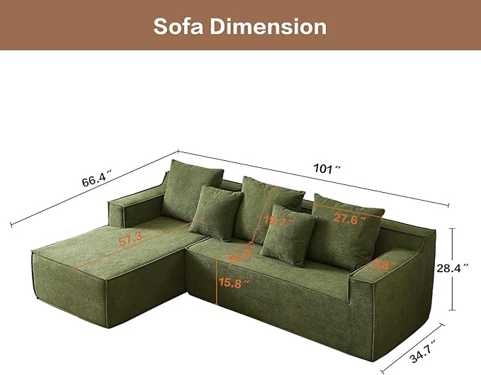 101" Modular Sectional Sofa for Living Room,Boneless Couch in A Box,Memory Foam Sectional Couches for Apartment,Cloud Couch No Assembly Required,Green