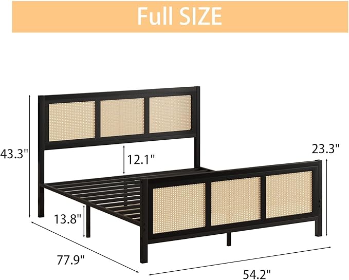 Rattan Full Bed Frame, Boho Full Size Bed Frame with Headboard, Metal Platform Bed Frames Full with Strong Slats Support, No Box Spring Needed, Noise Free, Easy Assembly, Black