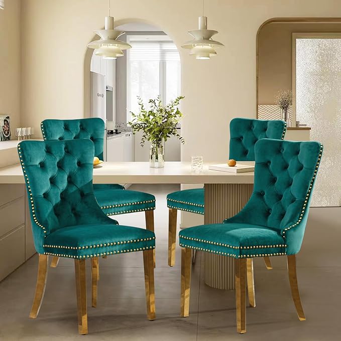 Velvet Upholstered Dining Chairs Set of 4, Modern Style Kitchen Side Chairs with Nailhead Trim and Gold Plated Leg, Metal Pulling Ring for Dining Room Living Room(Green,Set of 4)