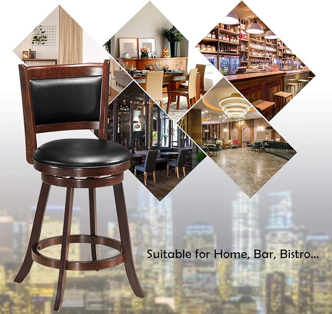 COSTWAY Bar Stools Set of 2, 360 Degree Swivel, Accent Wooden Swivel Seat Counter Height Bar Stool, Leather Upholstered Design, PVC Cushioned Seat, Perfect for Dining and Living Room (Height 24")