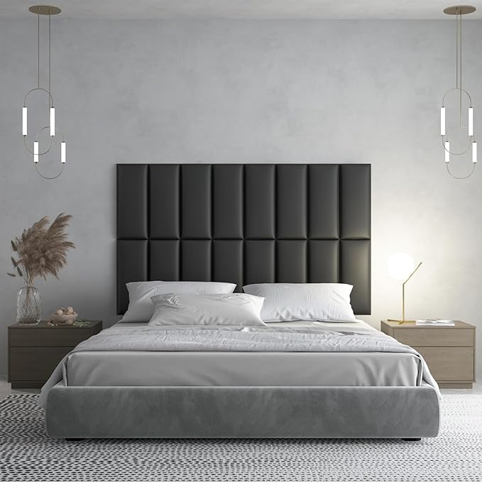 Art3d Peel and Stick Headboard for Twin in Black, Pack of 6 Panels Sized 9.84" x 23.62", Soundproof Wall Panels 3D, Upholstered Wall Panel
