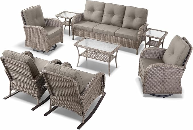 Outdoor Furniture-8 Piece Wicker Patio Furniture Set with Patio Swivel Chair Wicker Rattan Couch with Outdoor Rocking Chair Patio Conversation Set for Deck Lawn Porch Balcony Poolside-Grey/Grey
