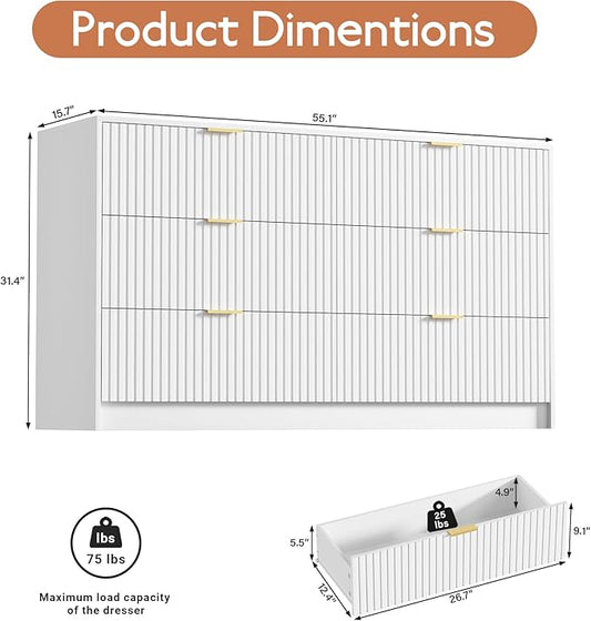White Dresser for Bedroom, Modern Dresser with 6 Drawers and Smooth Slides, Wide Chest of Drawers with Golden Handles for Bedroom, Living Room, Closet, 15.7" D x 55.1" W x 31.4" H