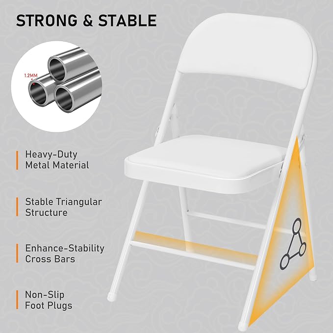 SEALAMB 10 Pack White Folding Chairs with Padded Seats & Cushion, Durable Metal Foldable Chairs for Wedding Party, Commercial Chairs for Office School Church Events, 330lb Capacity (White-PU, 10 Pack)