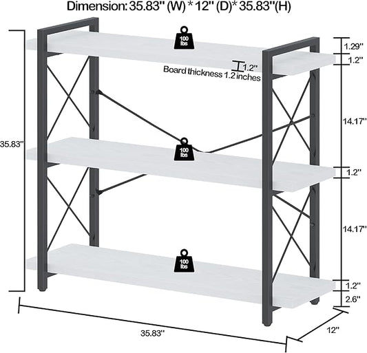 HCHQHS Bookshelf, 3-Tier Industrial Bookcase, Open Book Shelf, Freestanding Horizontal Bookshelves with Metal Frame