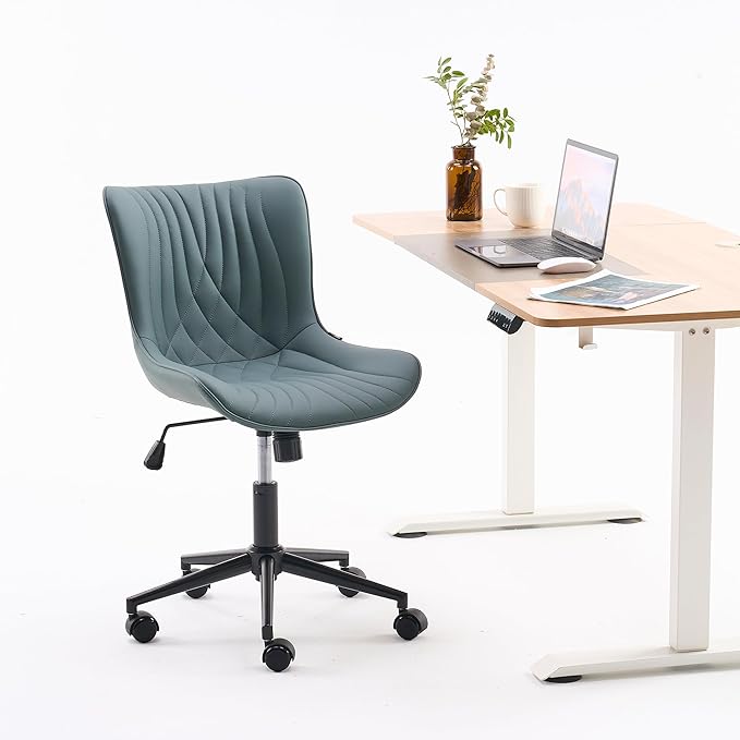 YOUNIKE Office Chair Armless Desk Chair with Wheels, Home Office Computer Task Chair, Modern Faux Leather Upholstered Vanity Chair, Adjustable Swivel Rolling Office Chairs, Greyishgreen