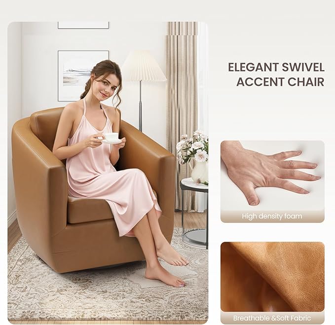 COLAMY 360° Swivel Accent Chair with Pillow, Leather Living Room Armchair No-Sag Foam & Sturdy Metal Base, Fully Assembled Swivel Accent Single Sofa for Bedroom Living Room, Reading Room, Brown