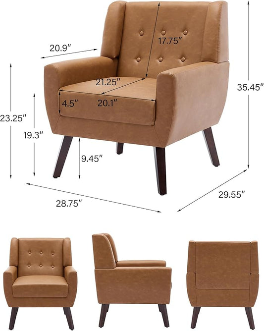 Accent Chair, Mid-Century Modern PU Leather Chairs with Arms for Living Room, Comfy Upholstered Club Single Sofa Armchair for Bedroom Waiting Room with Solid Wood Frame(Leather Brown, Set of 2)