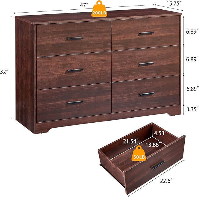 LIDYUK Dark Cherry Dresser for Bedroom, 6 Drawer Dressers & Chests of Drawers, Modern Wood Dresser, 48 Inches Wide Chest of Drawers for Bedroom, Hallway, Living Room