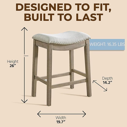 ROME + OAK Set of 4 Parker 26" Counter Stool, Backless Saddle Kitchen Barstool in Reclaimed Oak Finish with Ash Grey Fabric Upholstery Cushion Seat