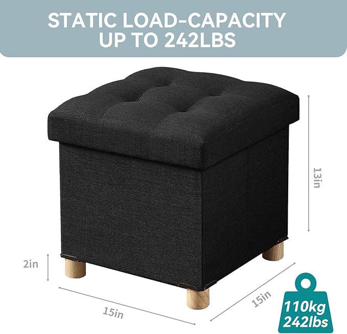 BRIAN & DANY Ottoman with Storage, Small Storage Ottoman for Dorm, Linen Folding Ottoman Foot Stool with Legs for Living Room and Bedroom, 15"x15"x15" - Black