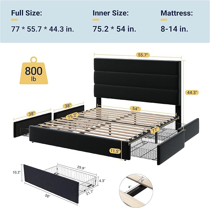 Allewie Modern Full Size Platform Bed Frame with 4 Storage Drawers and Velvet Upholstered Headboard, Wooden Slats Support, Upholstered Mattress Foundation/No Box Spring Needed/Easy Assembly, Black