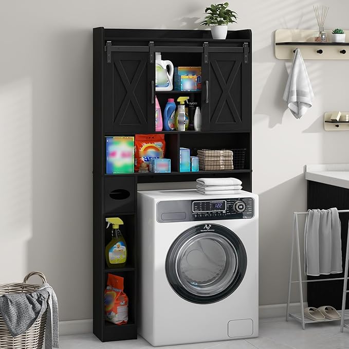 Vabches Over The Toilet Storage Cabinet, Farmhouse Storage Cabinet Over Toilet with Sliding Doors & Toilet Paper Holder Stand,Home Space-Saving Toilet Rack, for Bathroom, Laundry and Restroom.Black