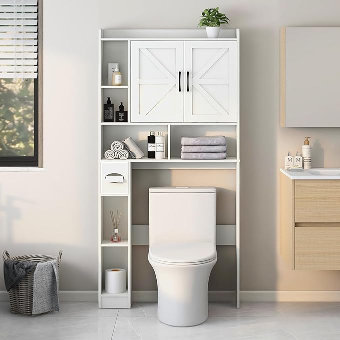 Over The Toilet Storage Cabinet, Farmhouse Storage Cabinet Over Toilet with 2 Barn Door & Toilet Paper Holder Stand, Home Space-Saving Rack, for Bathroom, Restroom (White).