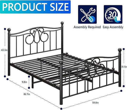 Metal Queen Single Bed Frame with Scroll Design, 82.7" in Steel Bed Frame with Protective Foot Pads, Strong Bearing Capacity Queen Size Bed, Easy Assembly, Underbed Storage Space(43.3 inch)