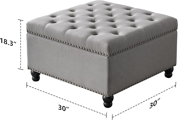 Ottoman with Storage, Large Storage Ottoman, 30 in Square Ottoman Coffee Table,Tufted Upholstered Coffee Tables for Living Room, Grey